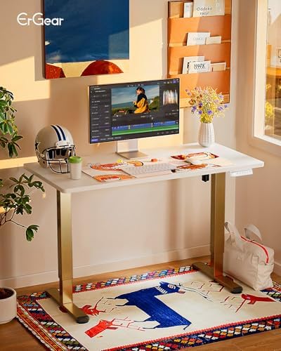 ErGear Height Adjustable Electric Standing Desk, 32 x 19 Inches Sit Stand up Desk, Memory Computer Home Office Desk, White+Gold