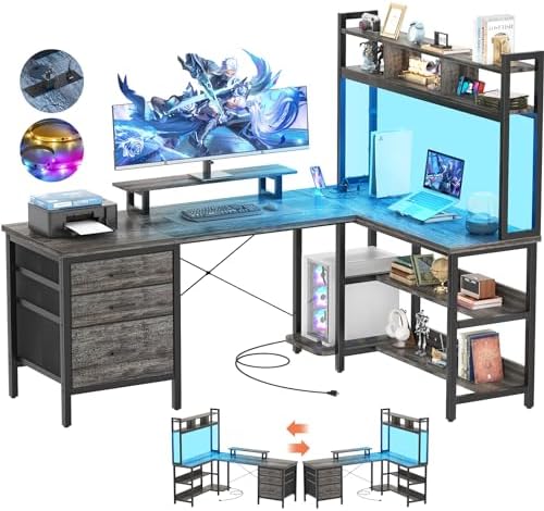Aheaplus L Shaped Desk with Hutch, Gaming Desk with Led Lights, Reversible Computer Desk with Power Outlet, Corner Desk with File Drawer & Monitor Stand, Storage Shelves for Home Office, Black Oak