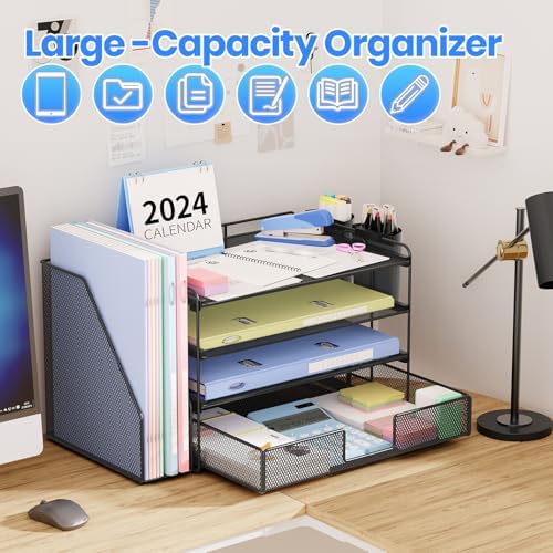 OPNICE Desk Organizer, 4-Tier Desktop File Organizer with Drawer and Pen Holders, Office Desk Accessories, File Sorters, Workspace Organizers for Office Supplies(Black)