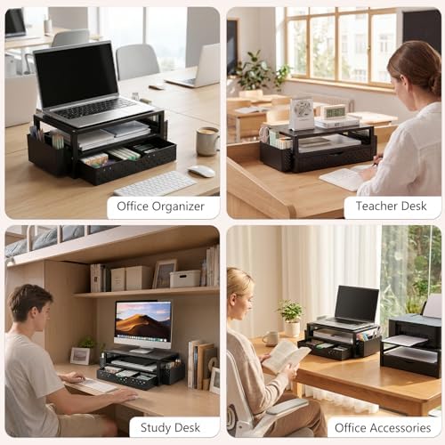 WALI Desk Organizer with Drawer and Pen Holder, 3 Tier Computer Monitor Stand for Home Office Supplies, Laptop Stand Riser for Computer, Laptop, Printer(PTT004-B), 1 Pack, Black