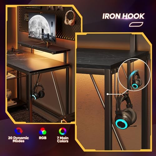 Bestier 42-Inch L-Shaped Gaming Desk with Charging & LED, Marble Black