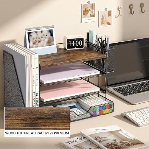 OPNICE Desk Organizers and Accessories, 4-Tier Desktop File Organizer with Drawer and Pen Holders, Office Desk Accessories Workspace Organizers for Office Supplies (Brown)