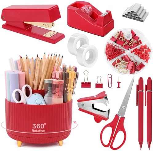 SKYDUE Red Office Supplies Set, Pencil Holder for Desk, Stapler, Tape Dispenser, Scissors,Clips and 1000pcs Staples, Office Decor for Women, Red Desk Accessories