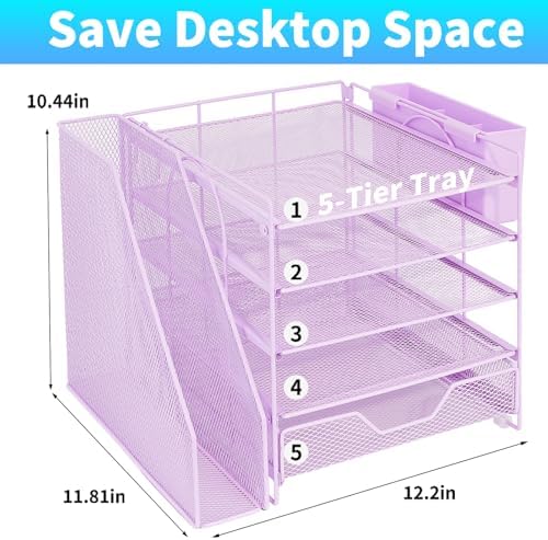 5-Tier Desk File Organizer with Drawer & Pen Holder (Purple)