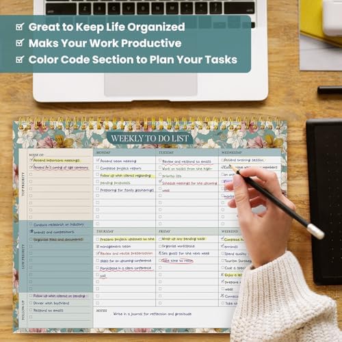 Weekly To Do List Notepad with 52 Undated Sheets（8.5"×11"）- Undated Weekly Planner Notepad for Office Desk Accessories and Supplies - Teal Petals