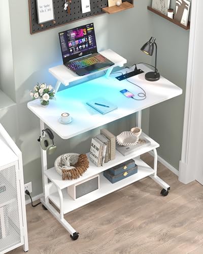 Height Adjustable Standing Desk with Power Outlets and LED Lights - 32" Manual Stand Up Desk with Monitor Stand and Storage Shelves Small Mobile Rolling Computer Desk Portable Laptop Table, White