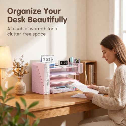 OPNICE Desk Organizers and Accessories, 4-Tier Desktop File Organizer with Drawer and Pen Holders, Office Desk Accessories Workspace Organizers for Office Supplies (Soft Pink)