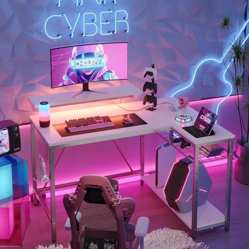 Bestier 42-Inch L-Shaped Computer Desk with Charging & LED, White