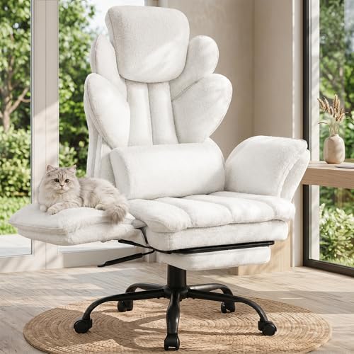 Flip Armrests Criss Cross Office Chair, Reclining Office Chair with Foot Rest, Adjustable Headrest, Massage Waist Pillow, Cross Legged Big and Tall Desk Chair Wide Seat Vanity Chair, White Fabric