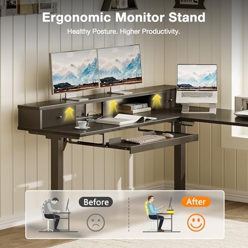 Casaottima 59" L Shaped Electric Standing Desk with Drawers, Black