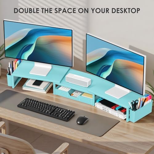 Desk Organizers and Accessories, Dual Monitor Stand Riser with Drawer and 2 Pen Holders, Desk Shelf Computer Racks for Office Workspace Organizers, Desktop Organization (Blue)