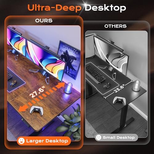 Huuger 63 x 28 Large Electric Standing Desk, Height Adjustable Computer Desk, 27.6" Deep Desktop, Stand up Gaming Office Table with 2 Hooks, 3 Preset Heights, for Home Office, Rustic Brown, 7021Z-1