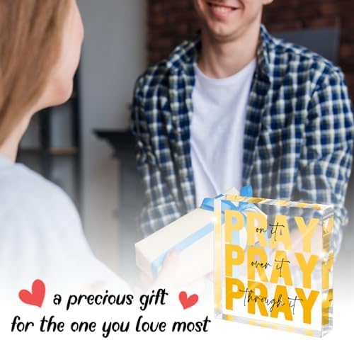 Yellow Dorm Room Decor for Women, Yellow Bathroom Decoration, Ideal Christian Gifts for Women - Pray On It,Pray Over It - Bible Verse Desk Art, Inspirational Decor, Desk Decorations for Office, 4 x 4 inches