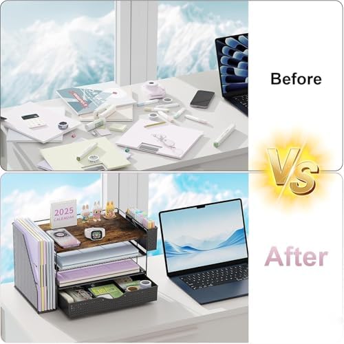Wood Desk Organizers and Accessories with File Sorters, 4-Tier Desk Accessories & Workspace Organizers with Drawer and Pen Holder, Desk Reference Organizer (Wood, 4T with Drawer)