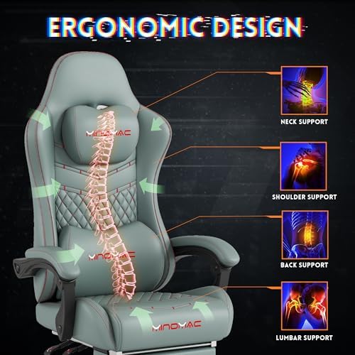 Gaming Chair,Ergonomic Computer Gaming Chair,400lb Load-Bearing,Retractable Footrest/Waist Support/Ergonomic Backrest[Spring + 4D Sponge] (Green)