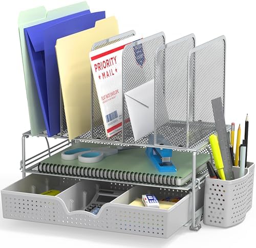 Simple Houseware Desk File Organizer for Office Supplies w/Drawer, Silver