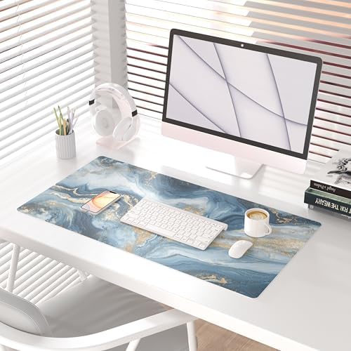 QiyI PU Leather Large Mouse Pad, 31.5" x 15.7", Blue White Marble