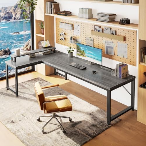 PRAISUN 61" L Shaped Computer Desk, Power Outlets, Monitor Stand, Grey