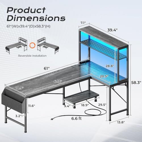 PRAISUN L Shaped Gaming Desk with LED Lights & Power Outlets
