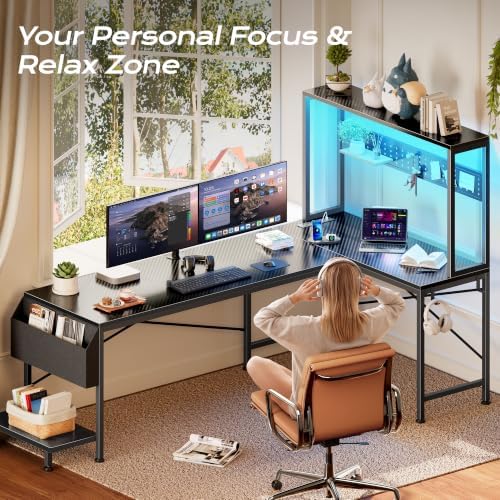 PRAISUN L Shaped Gaming Desk with LED Lights & Power Outlets