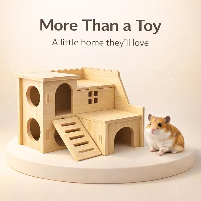 Tiny Hamster Maze Wood House Fun Slide House Double-Decker Hut for Dwarf Gerbil Mouse Mice Rat Small Animals(Only for Small Hamster)
