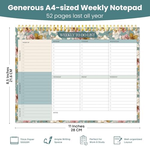 Weekly To Do List Notepad with 52 Undated Sheets（8.5"×11"）- Undated Weekly Planner Notepad for Office Desk Accessories and Supplies - Teal Petals