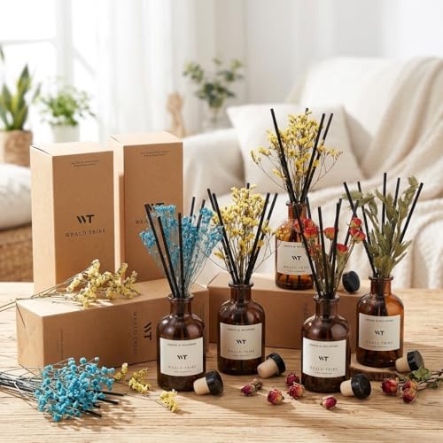 WEALD TRIBE Reed Diffuser Set for Bathroom Air Fresheners, Oil Diffuser Sticks with Flower | Lemongrass Scent 4.0 fl oz Home Fragrance with Sticks Defusers | House Bedroom Office Shelf Decor