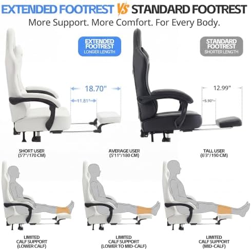 Desk Computer Gaming Chair - Ergonomic Game Office Chair with Extended Footrest and Massage Lumbar Support, Home Gamer Video Game Chairs with Spring Cushion for Adults (Pro White Leather)