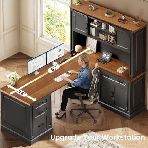 SEDETA 67" Farmhouse Executive L Shaped Desk with Hutch