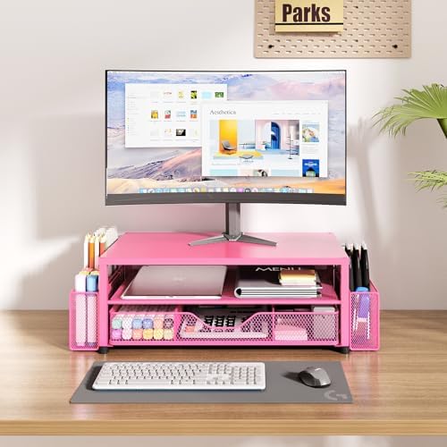 OPNICE Desk Organizers and Accessories, Computer Monitor Stand Riser with Drawer and 2 Pen Holders, Printer & Laptop Stand, Office Desk Accessories & Workspace Organizers for Home Office Supplies, Carmine Rose
