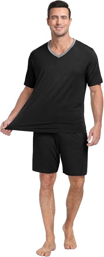 PrinStory Men's Pajama Set Sleepwear Pjs Lightweight Quick Dry Short Sleeve V-Neck Shirts and Shorts Soft Comfy Sleep Sets