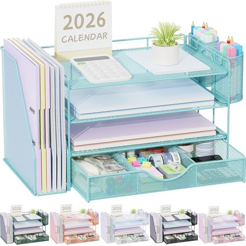 gianotter Desk Organizers and Accessories with File Holder, 4-Tier Desk Accessories & Workspace Organizers with Drawer and 2 Pen Holder, Paper Organizer for Office Supplies (Blue)