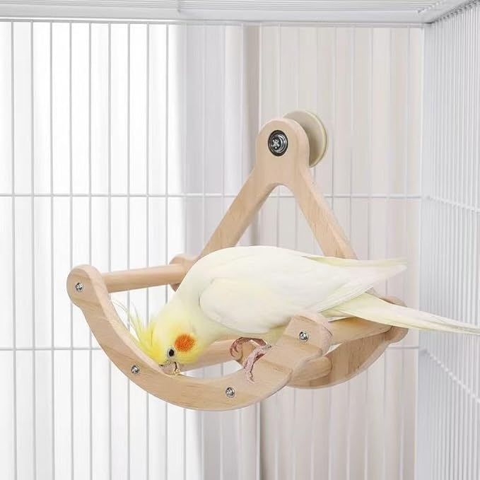 Bird Perch Toy for Window and Cage,Interactive Rocking Parakeet Toy and Perch, Wooden Birds Enrichment Toy for Parrot,Toy Fun and Accessories Suitable for All Medium Birds,Natural.