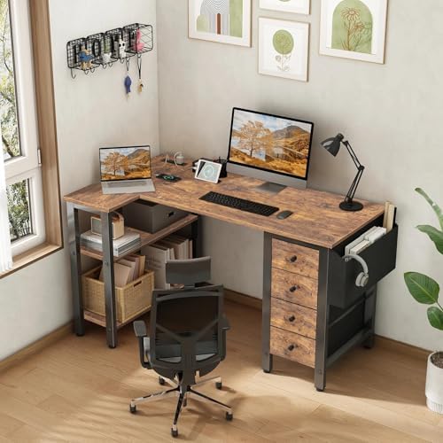 Lufeiya L Shaped Desk with Drawers & Storage Shelves, 47 Inch Small Reversible Corner Desk with Power Outlet for Home Office Bedroom, L-Shaped Gaming PC Computer Desks with Fabric Drawer, Rustic Brown