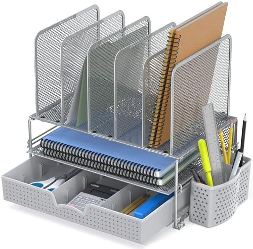 Simple Houseware Desk File Organizer for Office Supplies w/Drawer, Silver