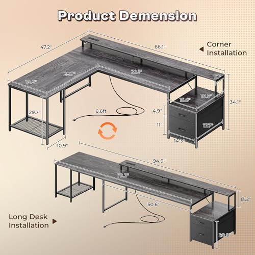 PRAISUN 66" L Shaped Gaming Desk with LED Lights & Power Outlets