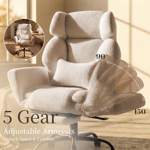 Office Chair with Flip Armrests,Big and Tall Office Chair with Foot Rest,Extra Wide Seat & Lumbar Pillow,Ergonomic Computer Gaming Chair,Comfy Criss Cross Chair for Pets Sitting,Teddy Fleece,Beige