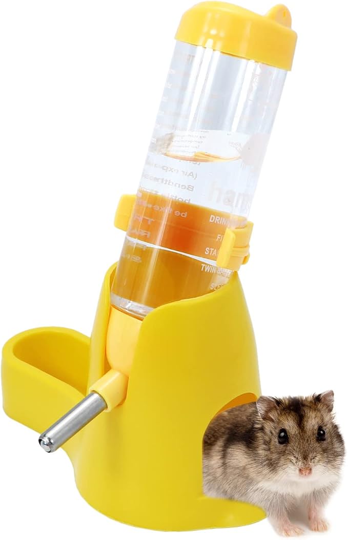 Wontee 3 in 1 Hamster Water Bottle with Food Bowl Hideout Base 125ML Yellow | Water dispenser, food container, hideout, stable base, easy to refill, for glass tank/cage, dwarf hamster/mouse/gerbil, 4.2oz