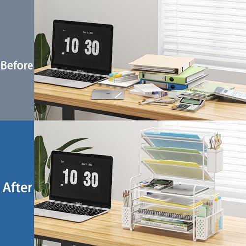 Simple Trending 7 Tier Desk File Organizer, Letter Tray Paper Organizer with Pen Holder and Metal Hanging Basket, White