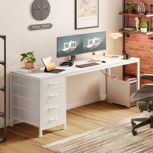 PRAISUN 63 Inch Computer Office Desk with Power Outelts and USB-C Port, Reversible Gaming Desk with 4 Fabric Drawers, Work Study Desk Work from Home, White