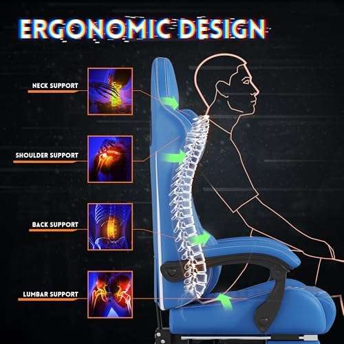 Gaming Chair,Big and Tall Gaming Chair 400lbs Office Chair with Footrest, 90-155° Recline & Removable Headrest Lumbar Support[Spring + 4D Sponge](Blue)