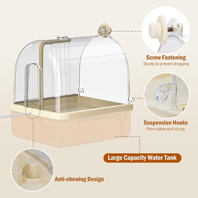 Automatic Bird Bath for Cage, Parakeet Bath with Pump | Indoor Bird Shower with Running Water, Filter, Bird Cage Accessory for Pet Birds Conure Budgies Cockatiels Lovebird