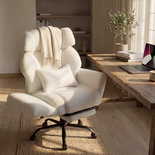 Office Chair with Flip Armrests,Big and Tall Office Chair with Foot Rest,Extra Wide Seat & Lumbar Pillow,Ergonomic Computer Gaming Chair,Comfy Criss Cross Chair for Pets Sitting,Teddy Fleece,White