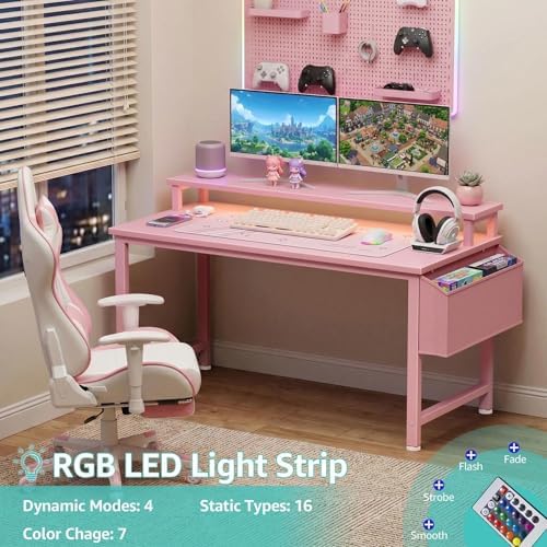 Lufeiya Small Girls Desk with Power Outlets and LED Lights, 32 Inch Gaming Desk Table with Charging Station, Home Office Computer Desks with Monitor, Pink