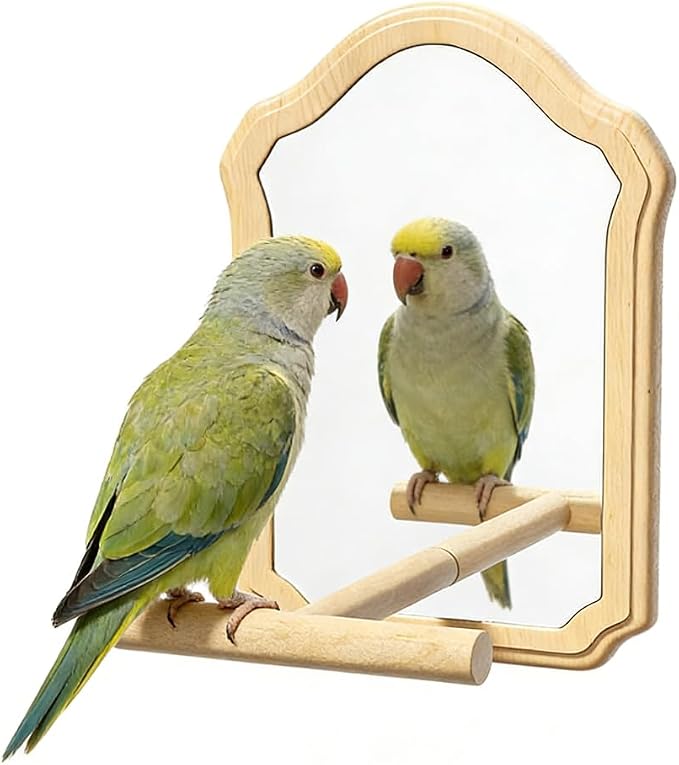 Bird Mirror with Wooden Perch, 15cm Parakeet Toys for Cage | Wooden Standing Bird Mirror Toy Chewing Perch with Reflective Mirror for Cockatiel, Lovebird, Parakeet, Bird Cage Accessories