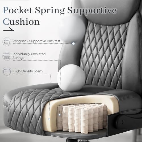 GTPOFFICE Executive Office Chair with Comfortable Lumbar Support, Ergonomic Gaming Chair with Flip-up Armrests & Zoned Pressure-Relief Cushion, Comfy PU Leather Desk Chair, Grey