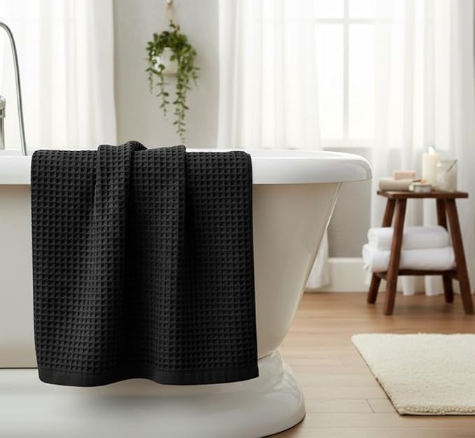 DEMMEX Organic Cotton Waffle Weave Turkish Towel Set for Bathroom, 100% Oeko-TEX Certified Super Soft Turkish Cotton, Lightweight & Quick Dry, 1 Bath & 2 Large Hand Towels, 30x60/20x30 in., Jet Black