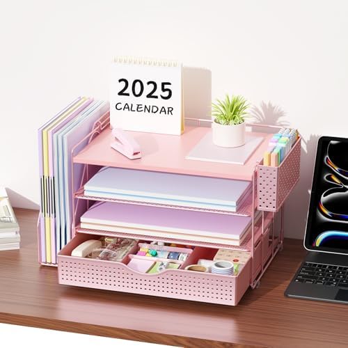Wood Desk Organizers and Accessories with File Holder, 4-Tier Desk Accessories & Workspace Organizers with Drawer and Pen Holder, Desk Reference Organizer (Pink, 4T with Drawer)