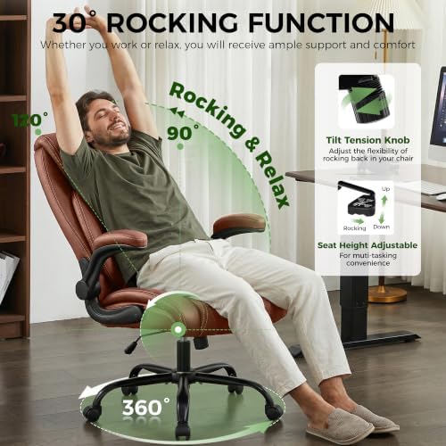 Office Chair, Ergonomic Executive Desk Chair with Lumbar Support for Lower Back Pain Relief, Padded Flip-Up Armrests, Leather Home Office Chair, Brown