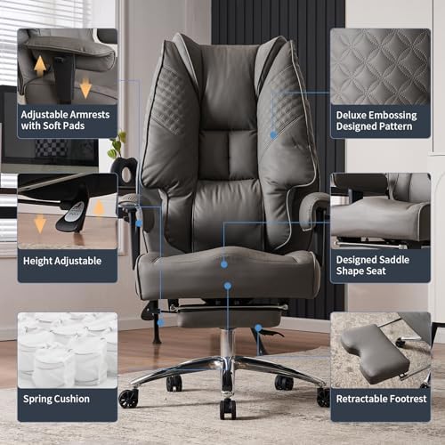 EXCEBET Big and Tall Office Chair 400lbs Wide Seat, Leather High Back Executive Office Chair with Foot Rest, Ergonomic Chairs Lumbar Support for Lower Back Pain Relief (Grey)